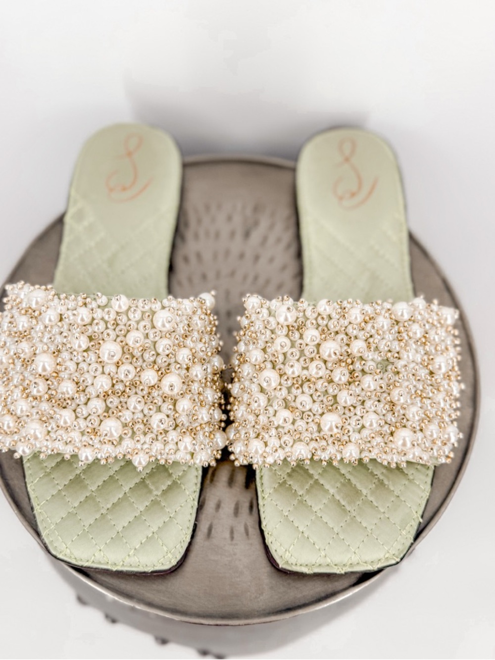 Sam Edelman Pearl-Beaded Mint Green Quilted Slide Sandals